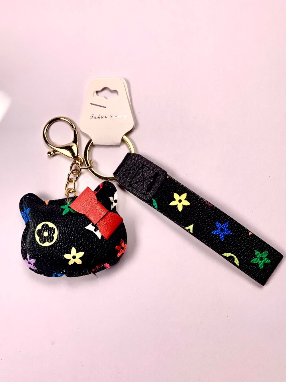 Hello Kitty Black Red Bow Floral Geometric puffy Keychain Bag Charm Wristlet
